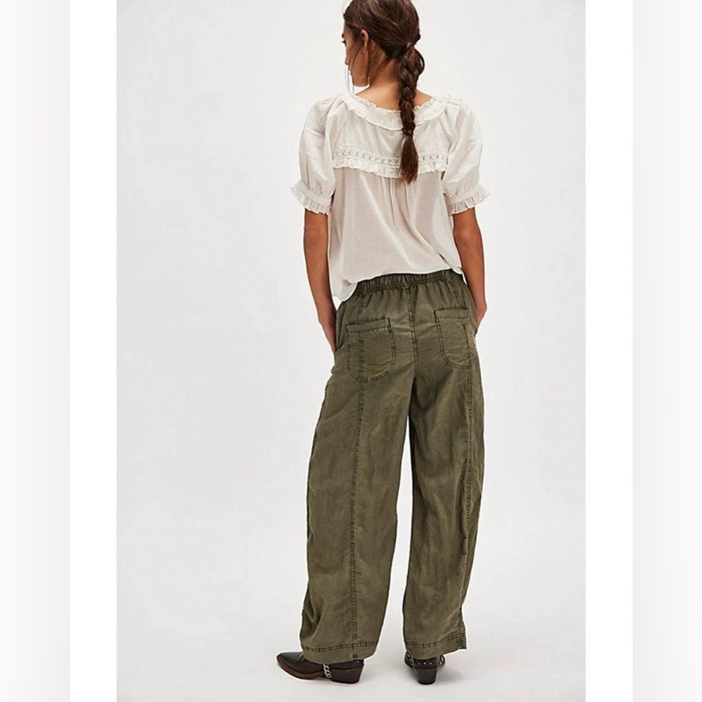 🩷 Free People XS Olive Green Linen Utility Pants Boho Cute Y2K preppy wide leg